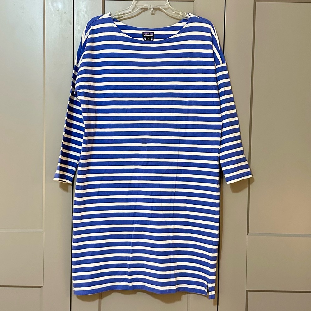 Patagonia Seatoller Shift Dress Blue White Nautical Stripes 3/4 Sleeve Sz Large
